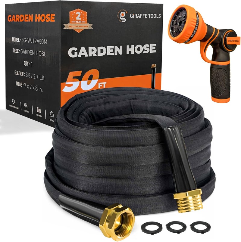 Giraffe Tools Garden Hose 50FT Lightweight Lay Flat Water Hose Kink Free Flexible Hose with 9 Spray Function Nozzle（Black） - Image 1